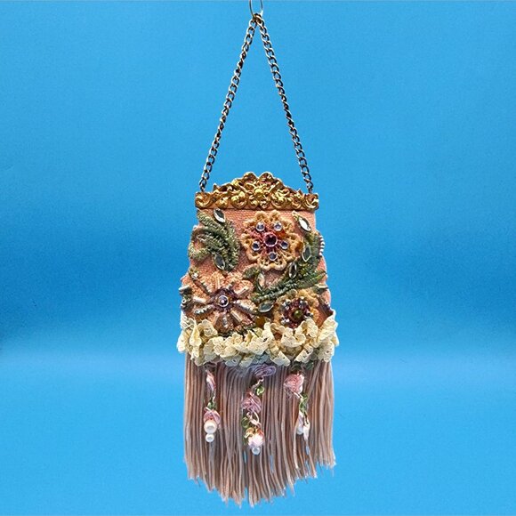 Victorian Purse Ornament Pink Beaded Lace Fringe Vintage Style Christmas v2 - Picture 2 of 10